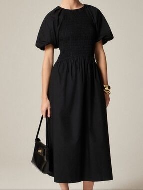 NWT J. Crew Black Puff Sleeve Smocked Midi Dress LP